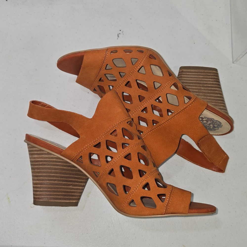 Vince Camuto VC-Deverly Leather Laser Cut Block Heel Sandals Orange Tan Size 10M - Picture 5 of 10